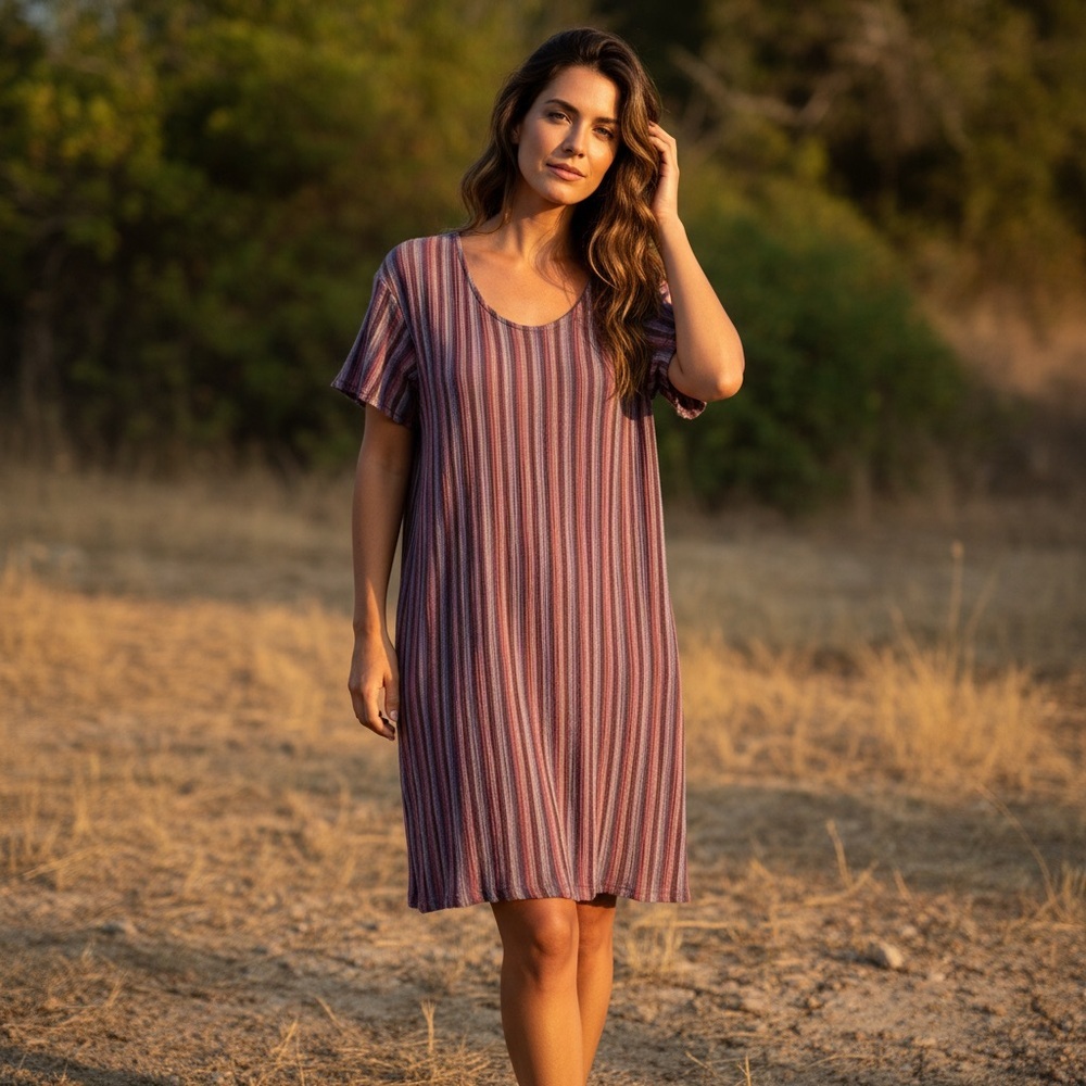 Pact Crush Easy 100% Organic Cotton Crinkle Gauze Sz S Striped Earthy Dress